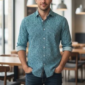 Michael Kors 100% Cotton Slim Fit Button Down Teal Blue Abstract Print Eclectic